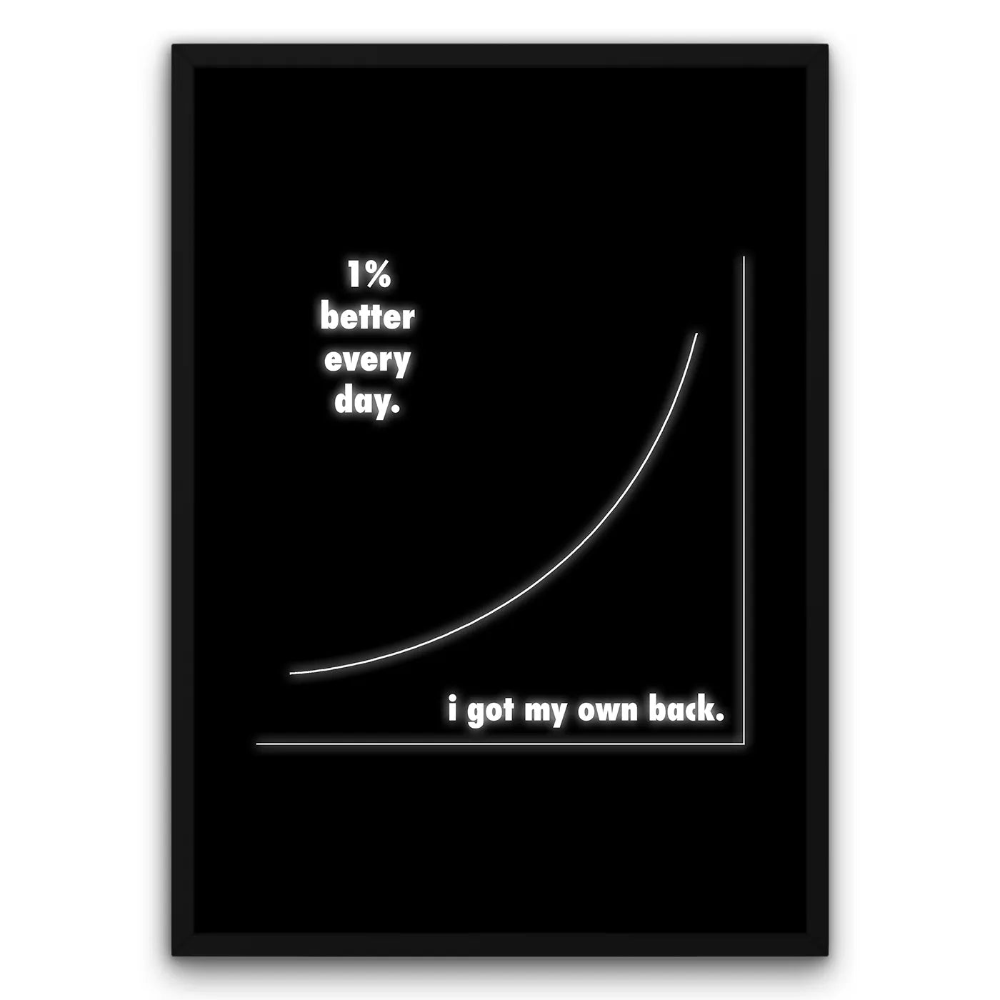 Plakat motywacyjny z napisem "1% better every day" i "i got my own back" na czarnym tle z wykresem.
