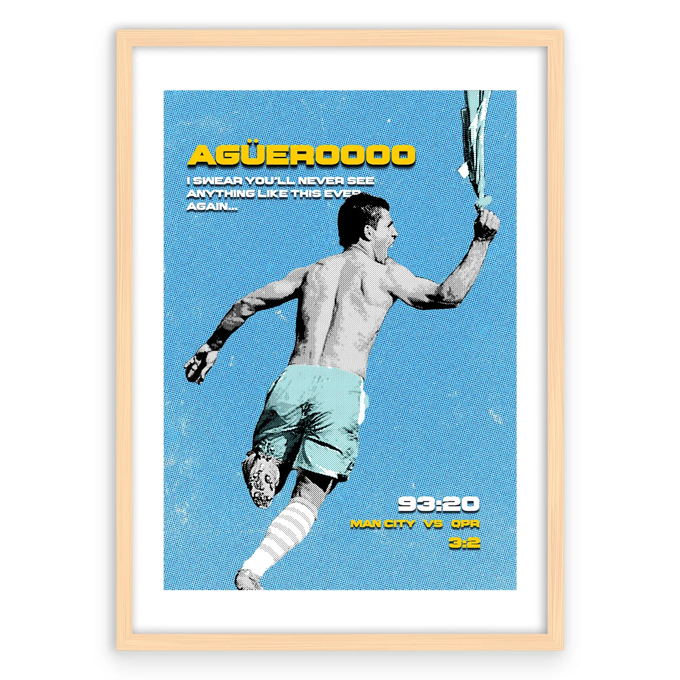 Aguero Iconic Goal Plakat-Biała Krawędź-Naturalna Drewniana Rama