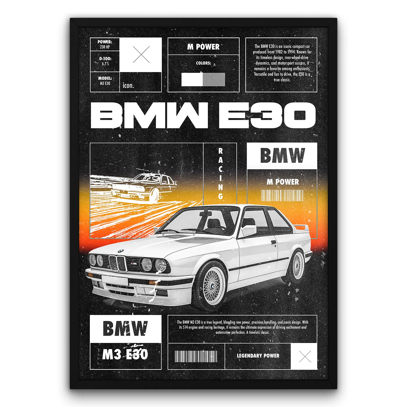 Plakat samochodu BMW E30 z opisem specyfikacji i grafiką auta na tle gradientu.