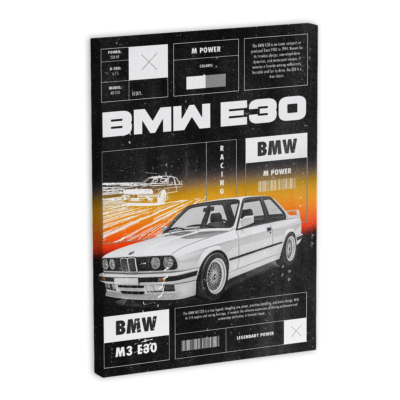 Obraz na płótnie z białym samochodem BMW E30 M3, z napisem 'BMW E30' i 'M Power'. Tło z gradientem pomarańczowo-czarnym oraz grafiką samochodu w ruchu. Styl retro z elementami graficznymi i tekstowymi.