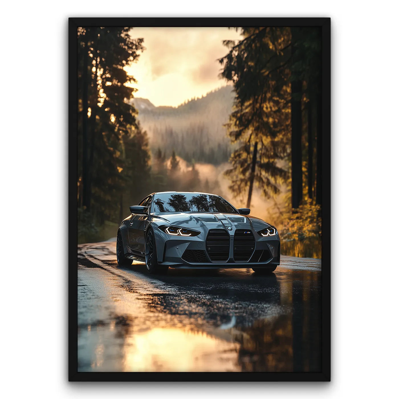 Plakat z samochodem BMW M4 na tle zachodzącego słońca w lesie, odbicie na mokrej drodze, motyw motoryzacyjny.