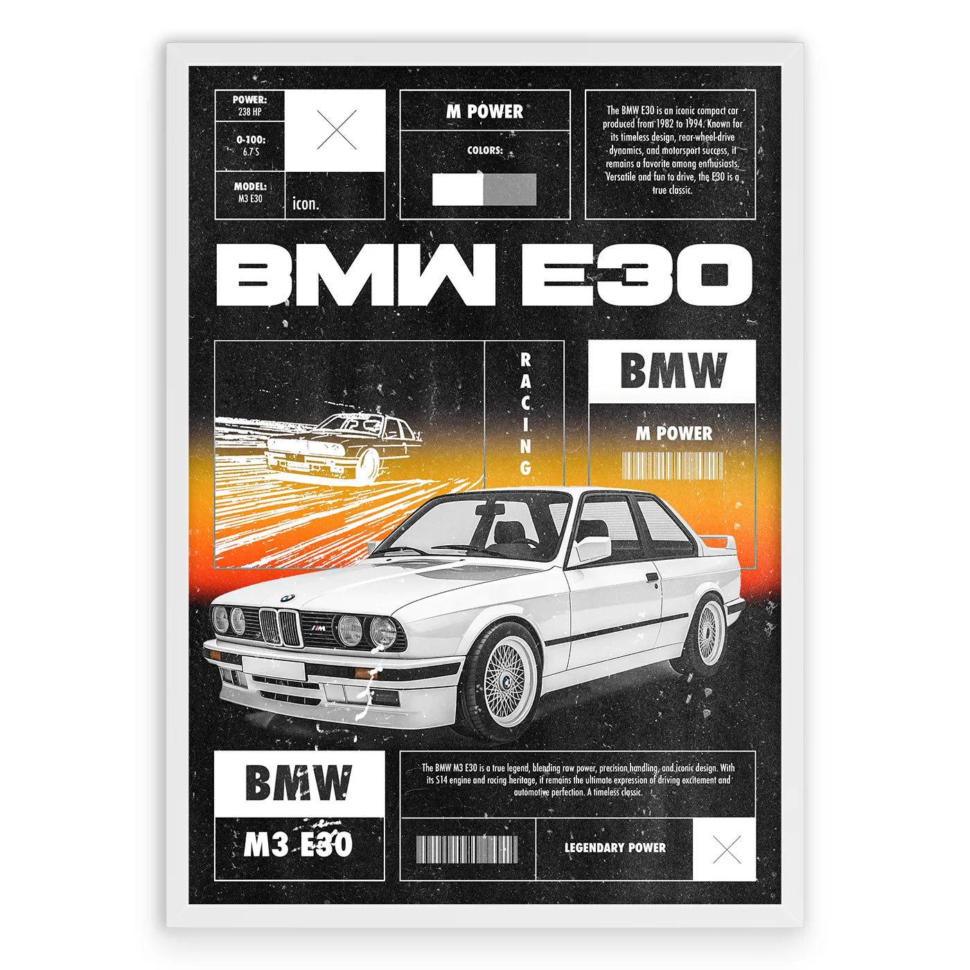 BMW E30 Plakat-Pełna Okładka-Biała Aluminiowa Rama