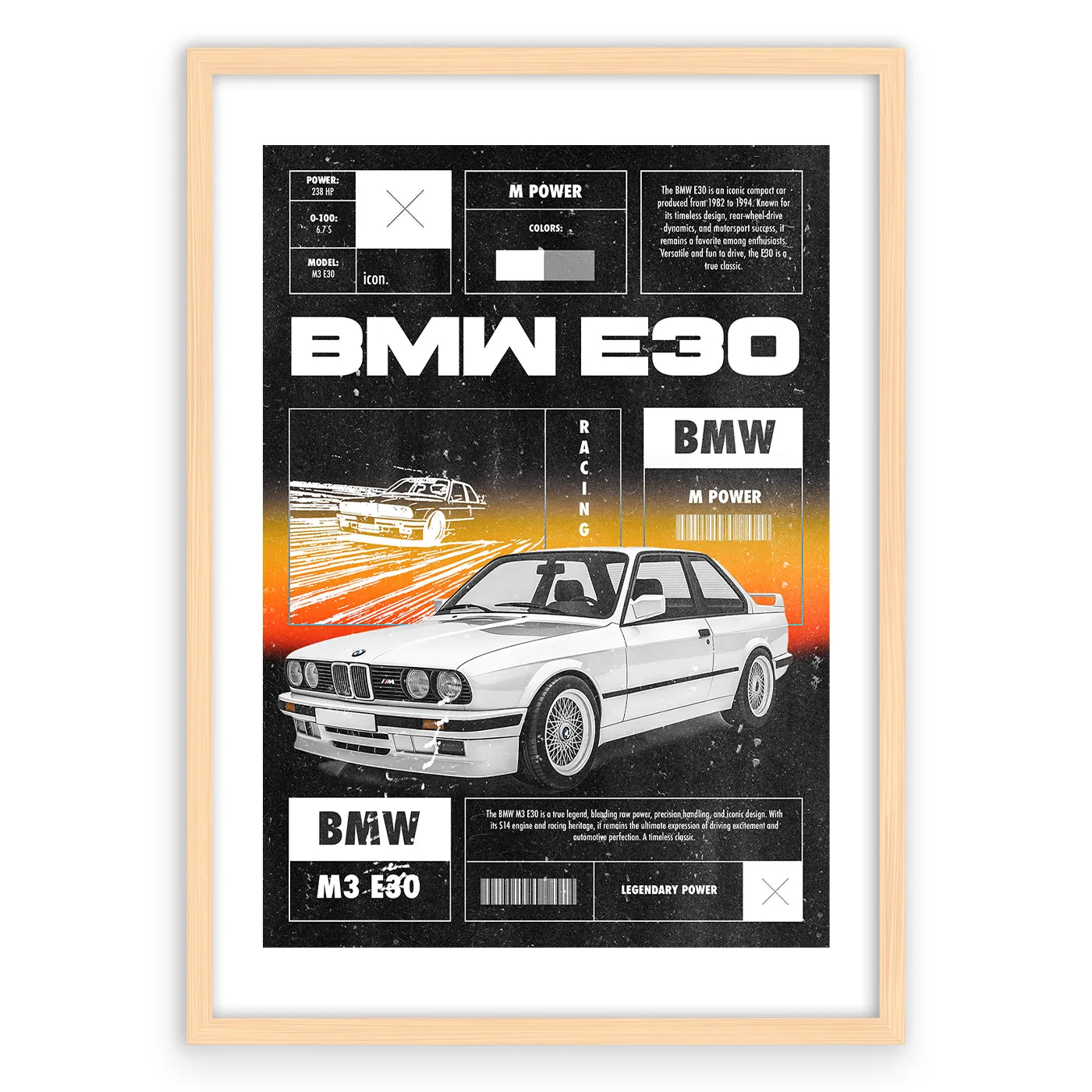 BMW E30 Plakat-Biała Krawędź-Naturalna Drewniana Rama
