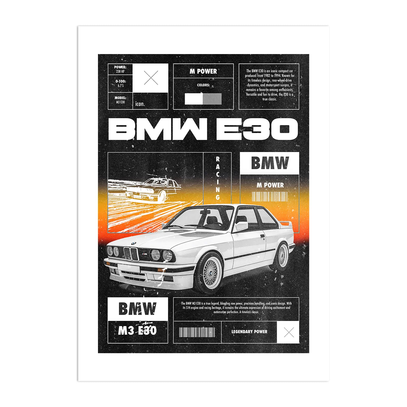 BMW E30 Plakat-Biała Krawędź-Bez Ramy