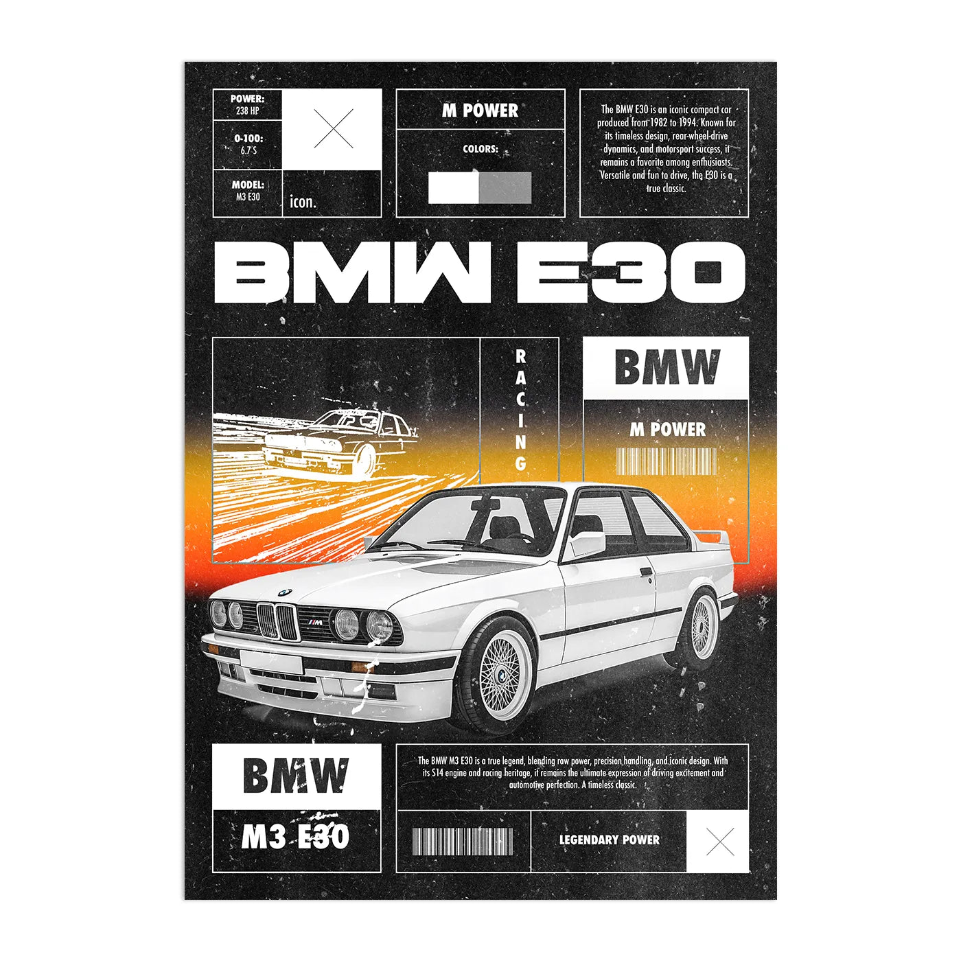 BMW E30 Plakat-Pełna Okładka-Bez Ramy