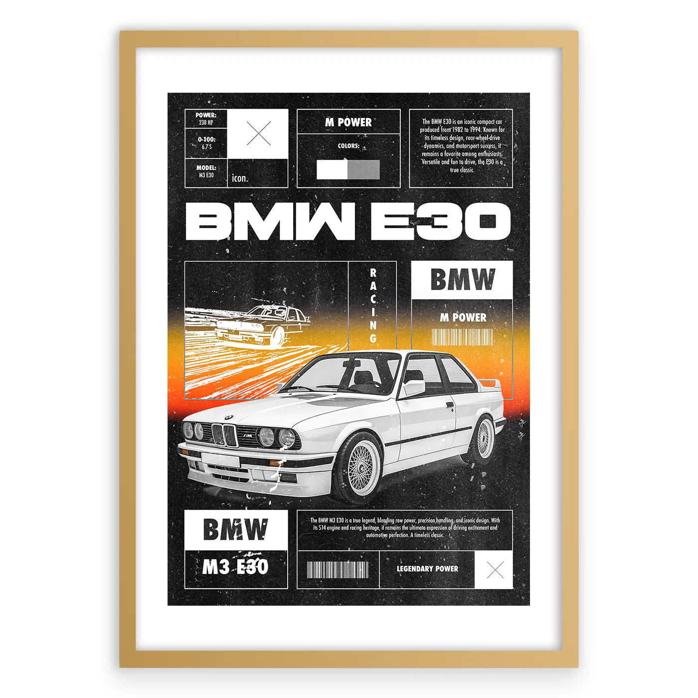 BMW E30 Plakat-Biała Krawędź-Złota Aluminiowa Rama