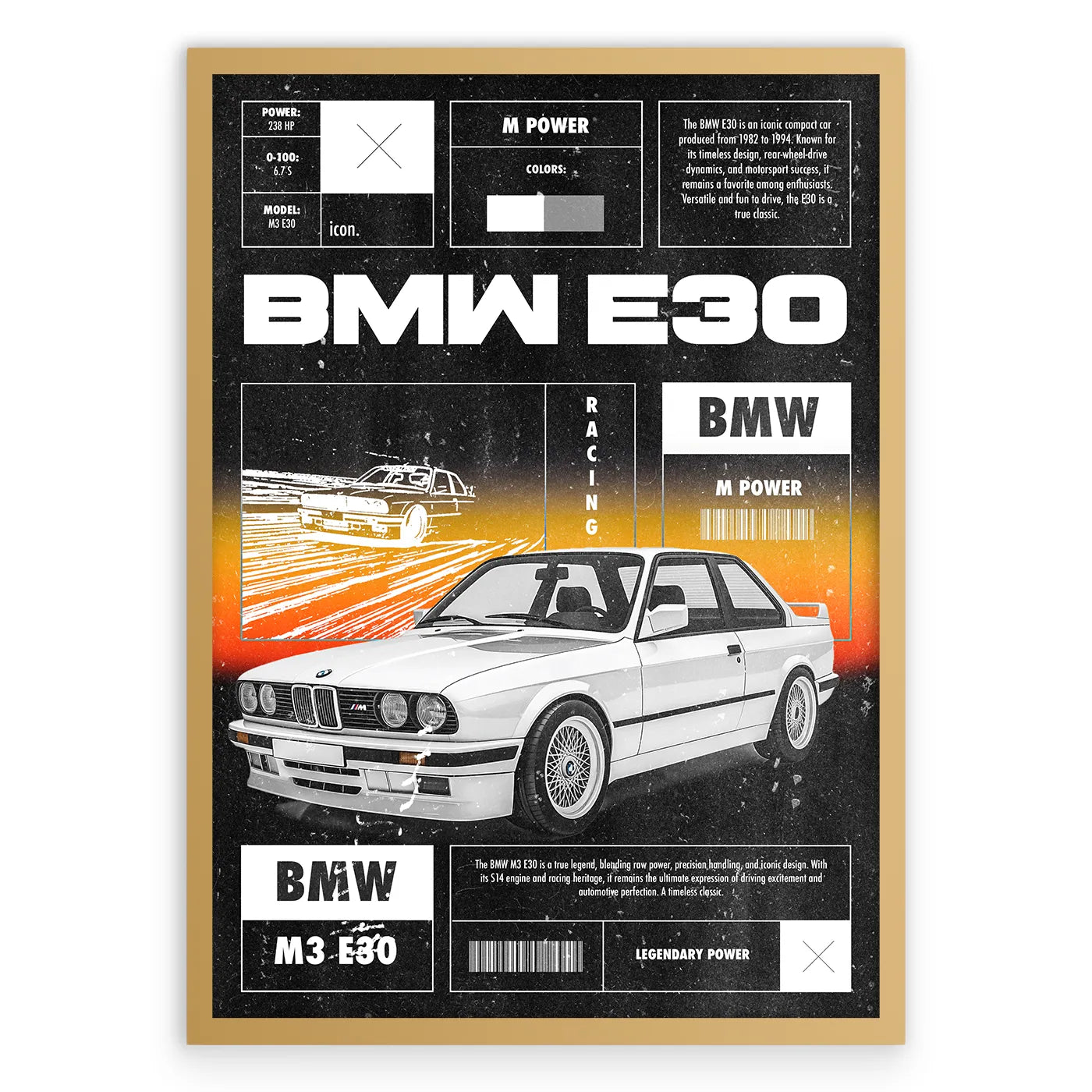 BMW E30 Plakat-Pełna Okładka-Złota Aluminiowa Rama