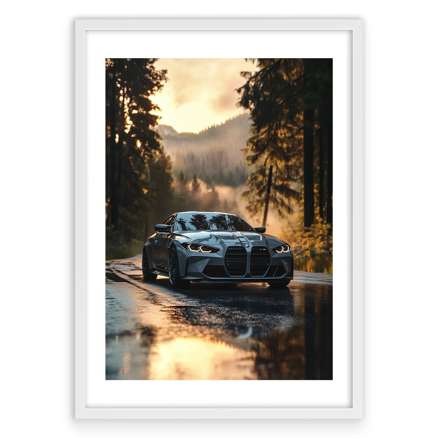 BMW M4 Sunset Plakat-Biała Krawędź-Biała Aluminiowa Rama