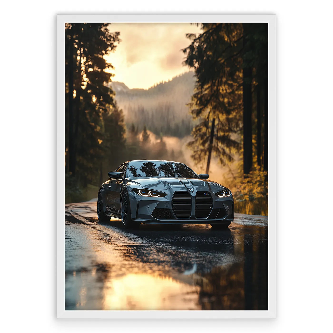 BMW M4 Sunset Plakat-Pełna Okładka-Biała Aluminiowa Rama