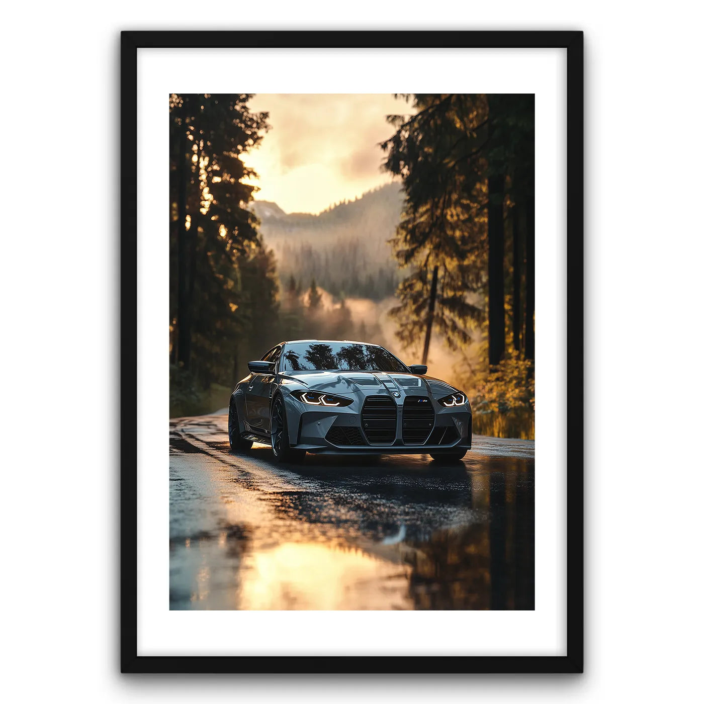 BMW M4 Sunset Plakat-Biała Krawędź-Czarna Drewniana Rama