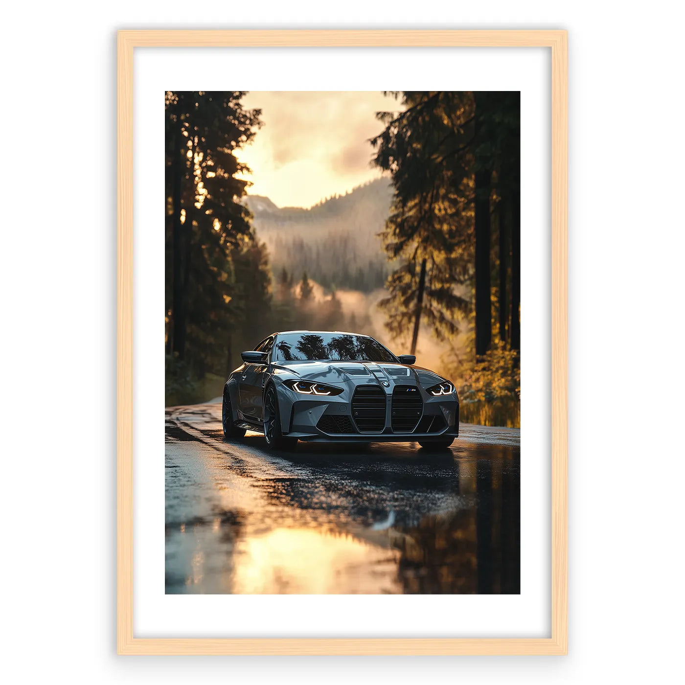 BMW M4 Sunset Plakat-Biała Krawędź-Naturalna Drewniana Rama