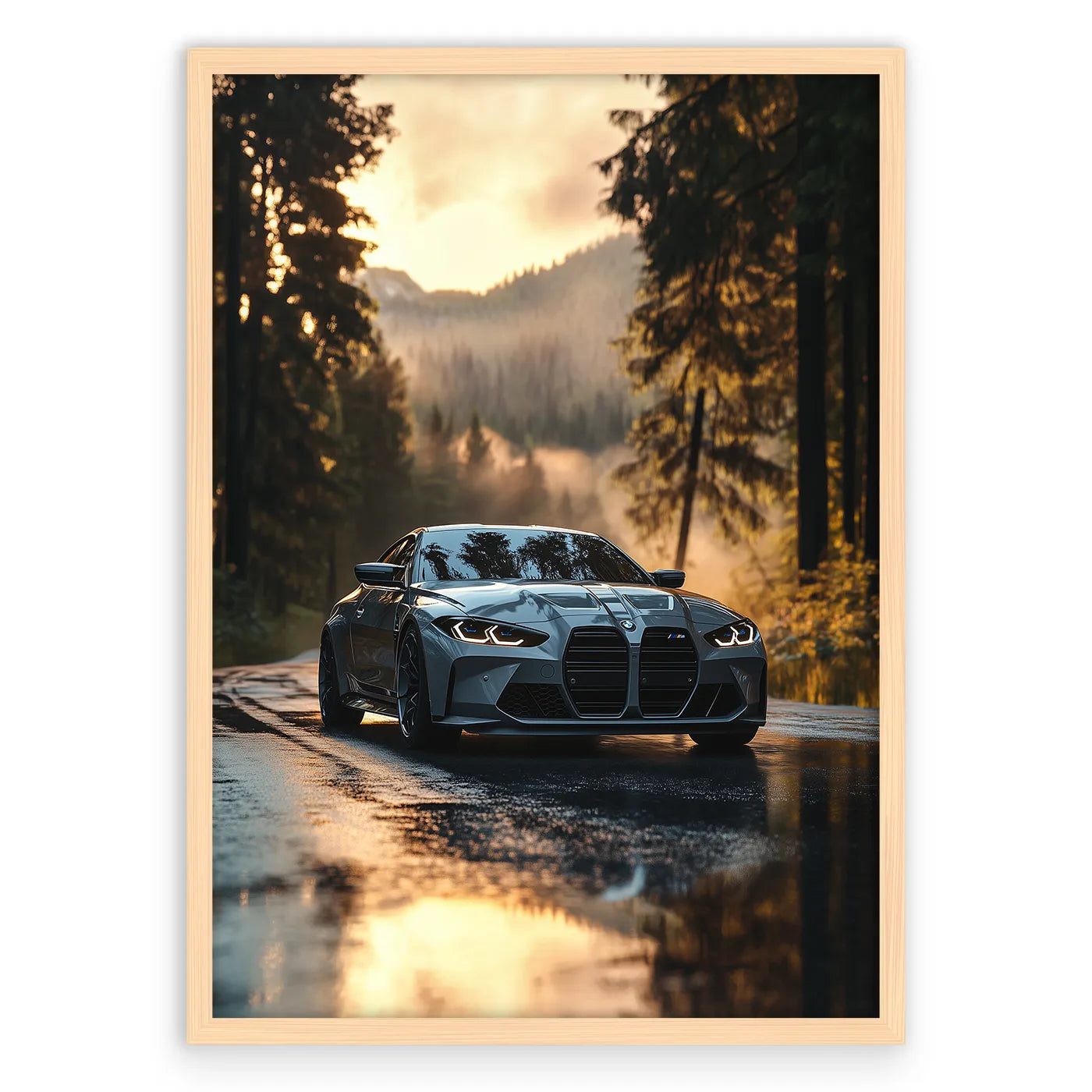 BMW M4 Sunset Plakat-Pełna Okładka-Naturalna Drewniana Rama