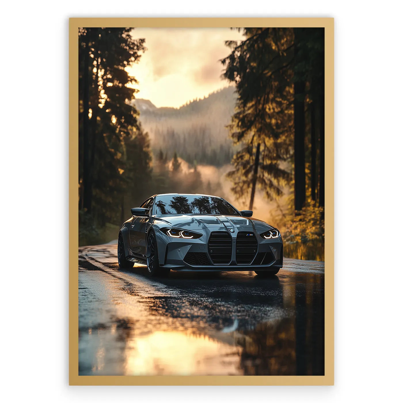 BMW M4 Sunset Plakat-Pełna Okładka-Złota Aluminiowa Rama