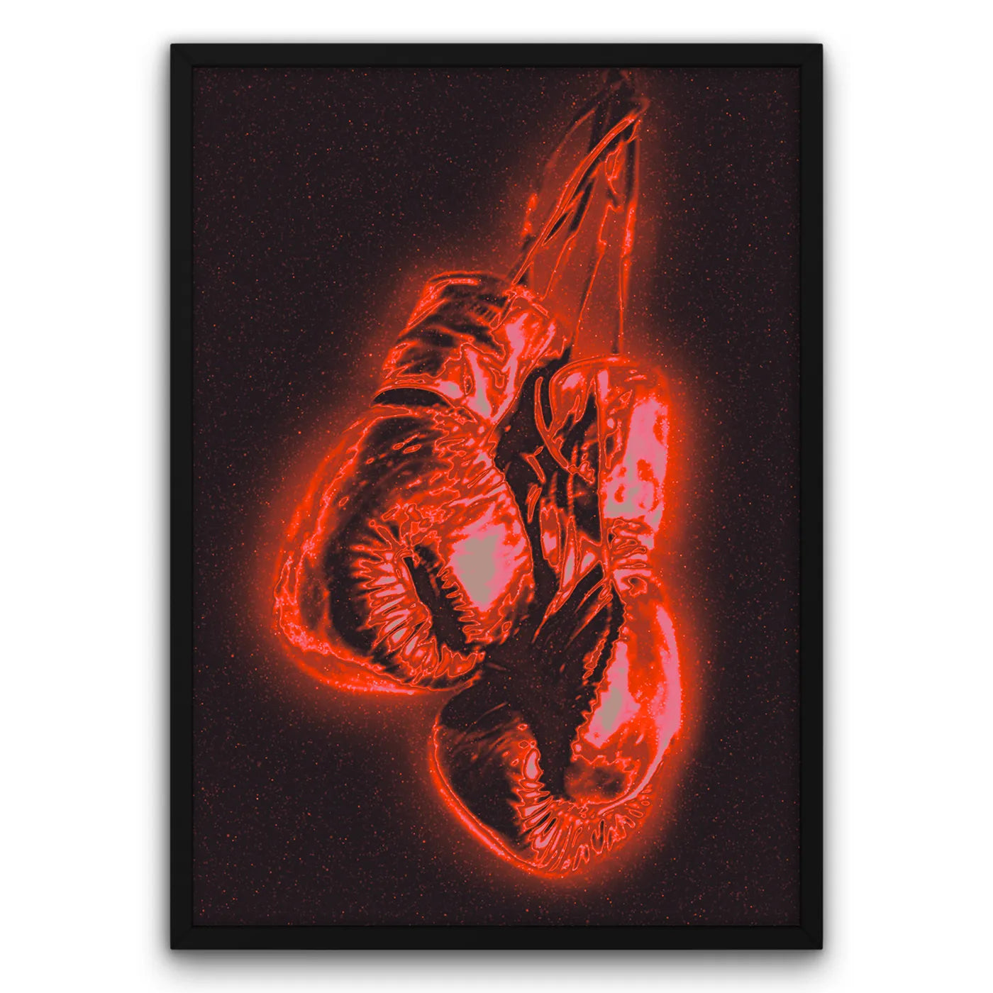 Plakat z czerwonymi rękawicami bokserskimi na czarnym tle, nowoczesna grafika sportowa.