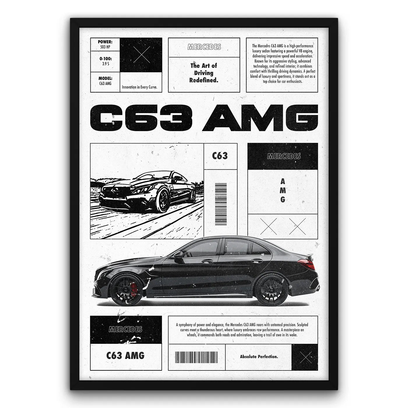 Plakat samochodu Mercedes C63 AMG, czarny sedan, ilustracje i specyfikacje techniczne, motyw wyścigowy.