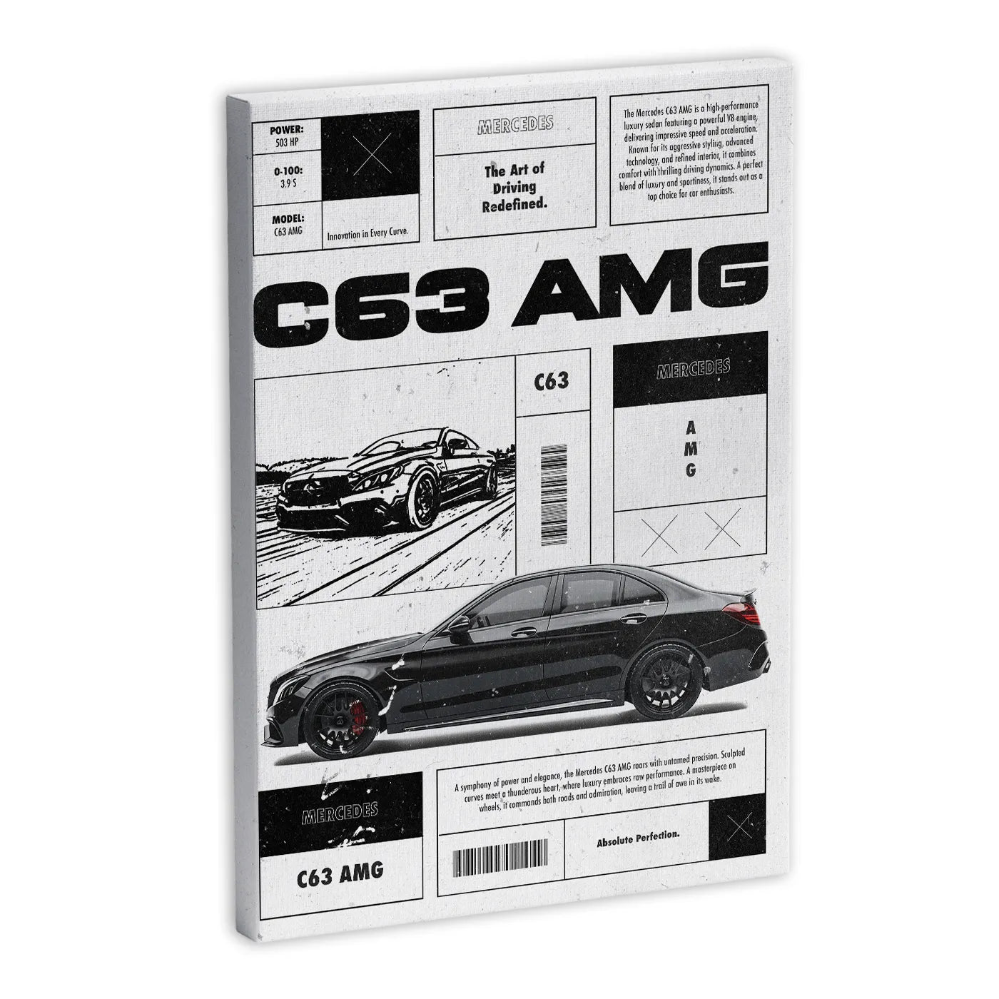 Obraz na płótnie z motywem samochodu Mercedes C63 AMG, czarno-biały design z ilustracją auta i tekstami technicznymi. Idealny dla miłośników motoryzacji.