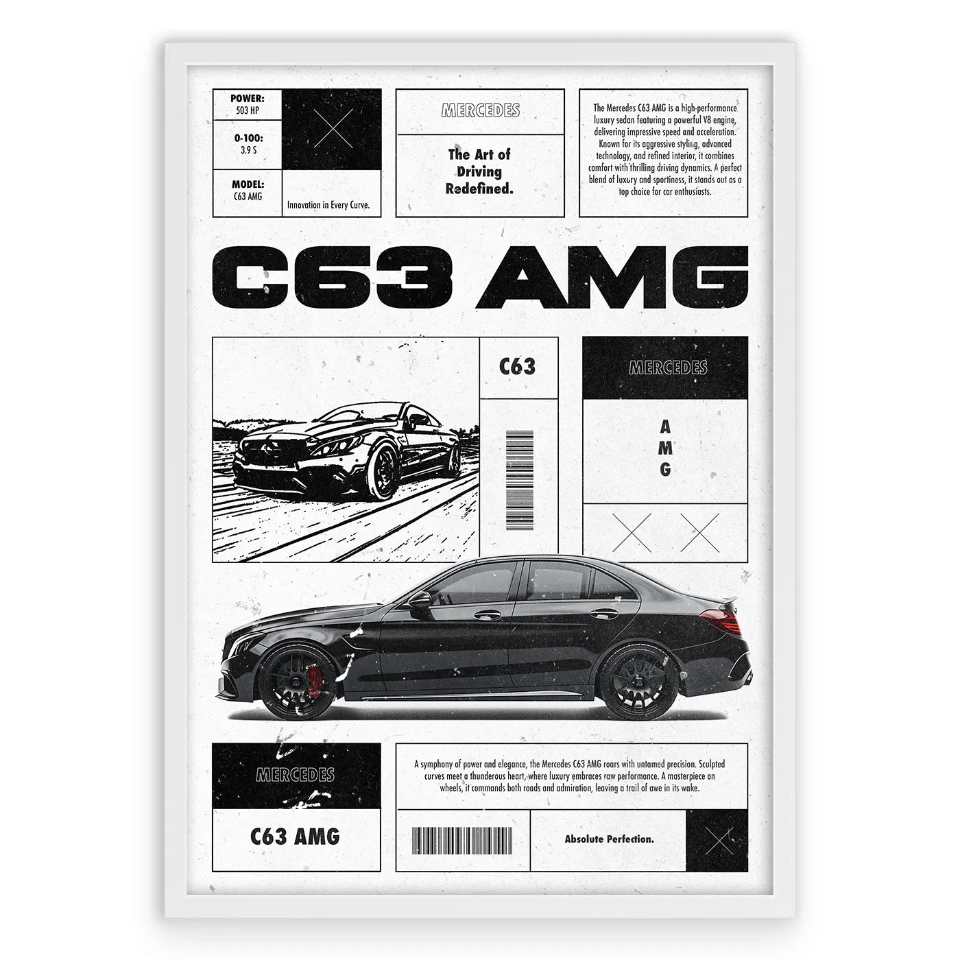 C63 AMG Plakat-Pełna Okładka-Biała Aluminiowa Rama