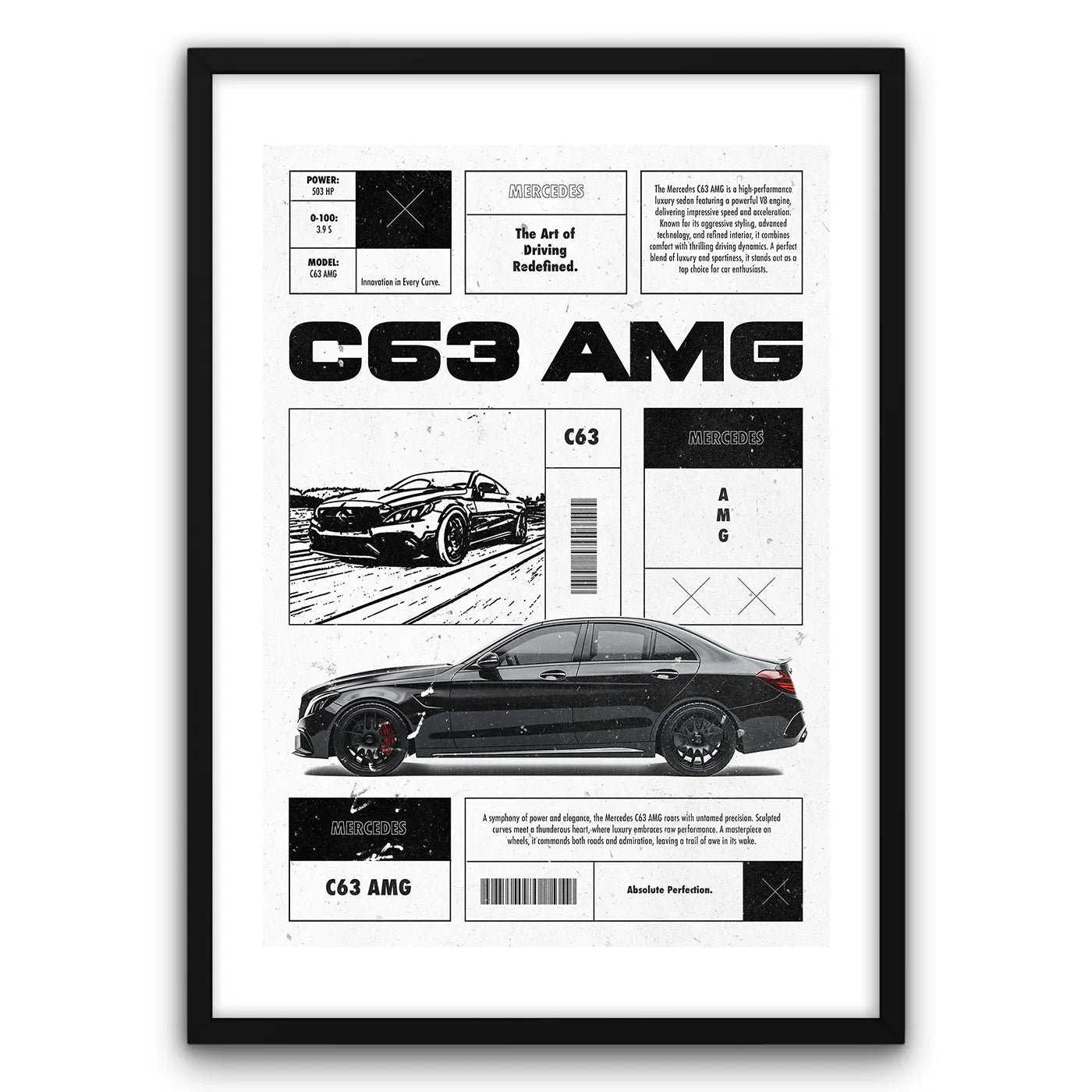 C63 AMG Plakat-Biała Krawędź-Czarna Drewniana Rama