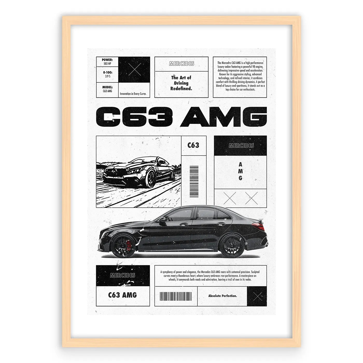 C63 AMG Plakat-Biała Krawędź-Naturalna Drewniana Rama