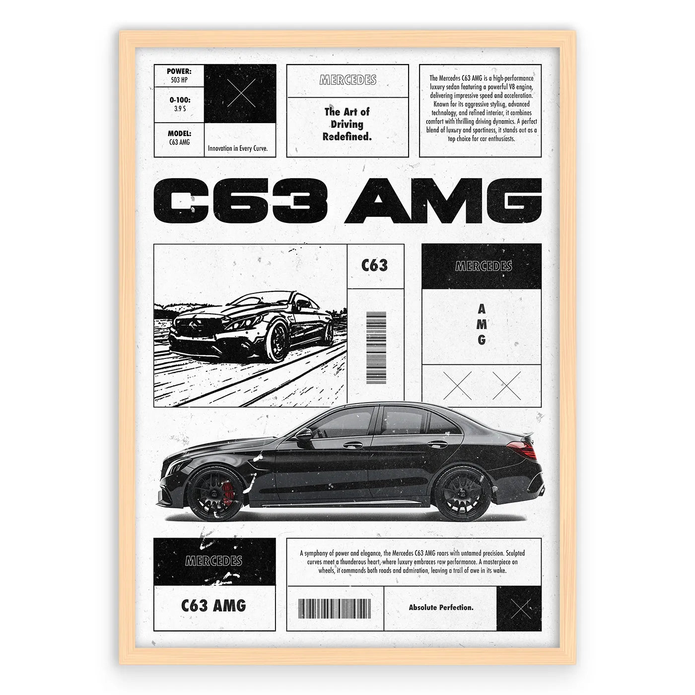 C63 AMG Plakat-Pełna Okładka-Naturalna Drewniana Rama
