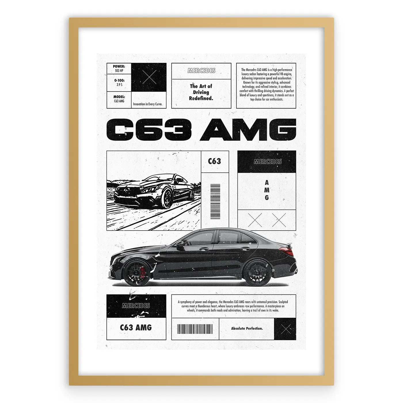 C63 AMG Plakat-Biała Krawędź-Złota Aluminiowa Rama