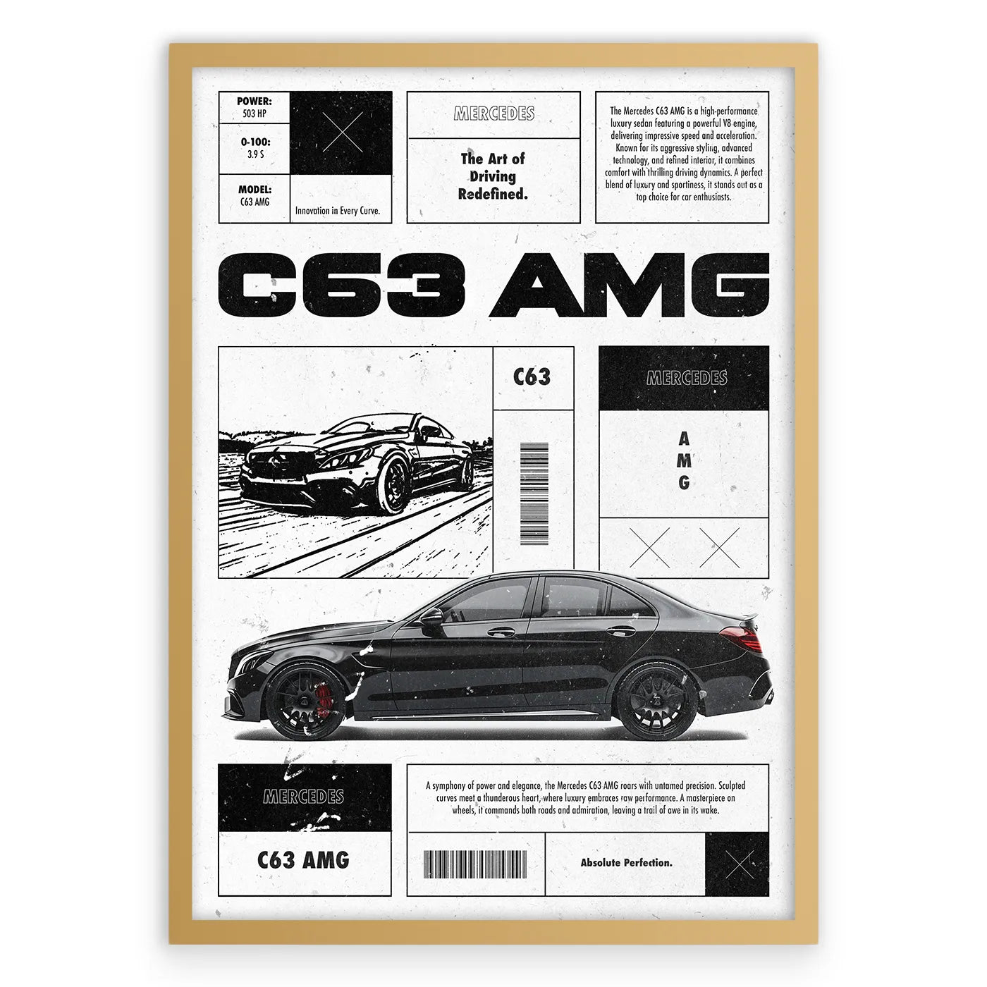 C63 AMG Plakat-Pełna Okładka-Złota Aluminiowa Rama