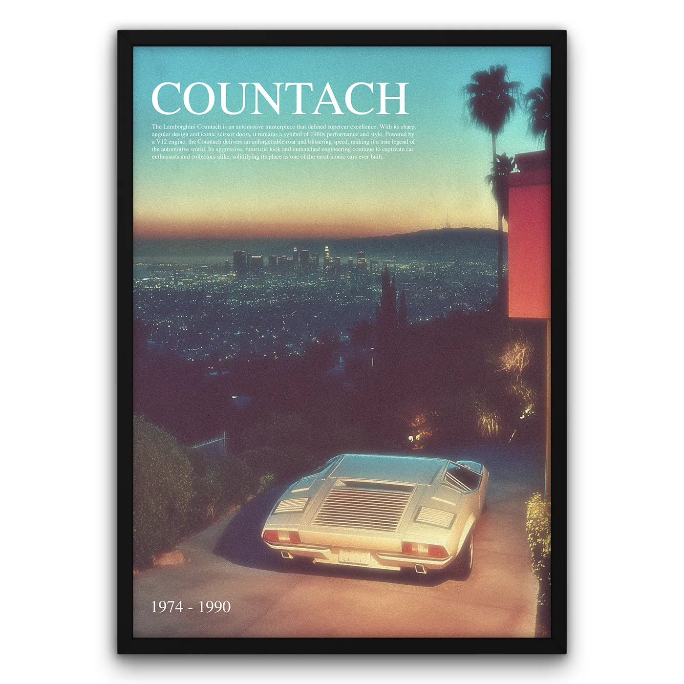 Plakat z samochodem Countach w Los Angeles, widok na miasto o zmierzchu, lata 1974-1990.