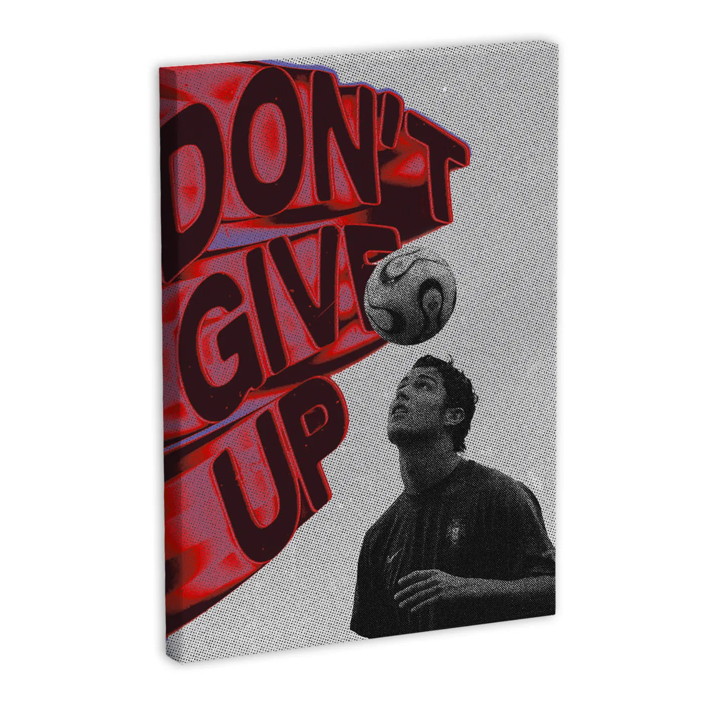 Canvas z napisem 'Don't Give Up' i piłkarzem odbijającym piłkę głową, nowoczesny design, motywacja, sportowa inspiracja