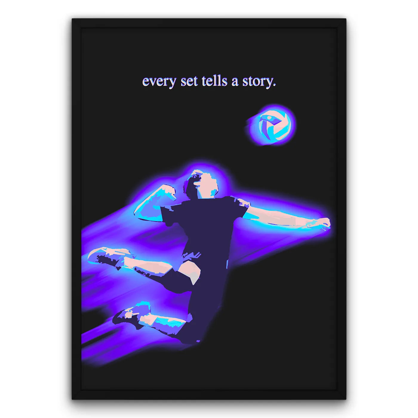 Plakat z siatkarzem w locie, napis "every set tells a story", dynamiczna grafika, sportowy design.