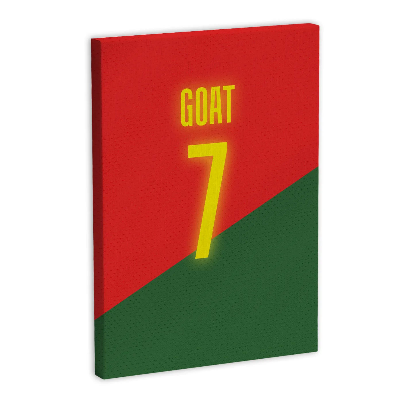 Obraz na płótnie z napisem "GOAT 7" w kolorze żółtym na tle czerwono-zielonym, inspirowany koszulką Portugalii.