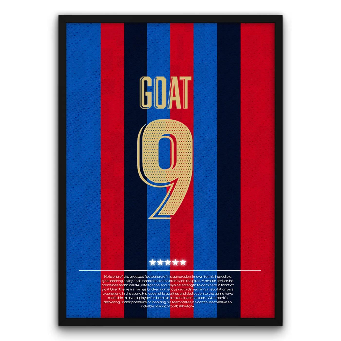 Plakat piłkarski z numerem 9 i napisem GOAT na tle w barwach Barcelony.