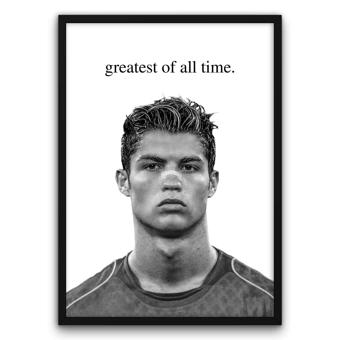 Plakat z czarno-białym portretem piłkarza z napisem "greatest of all time".