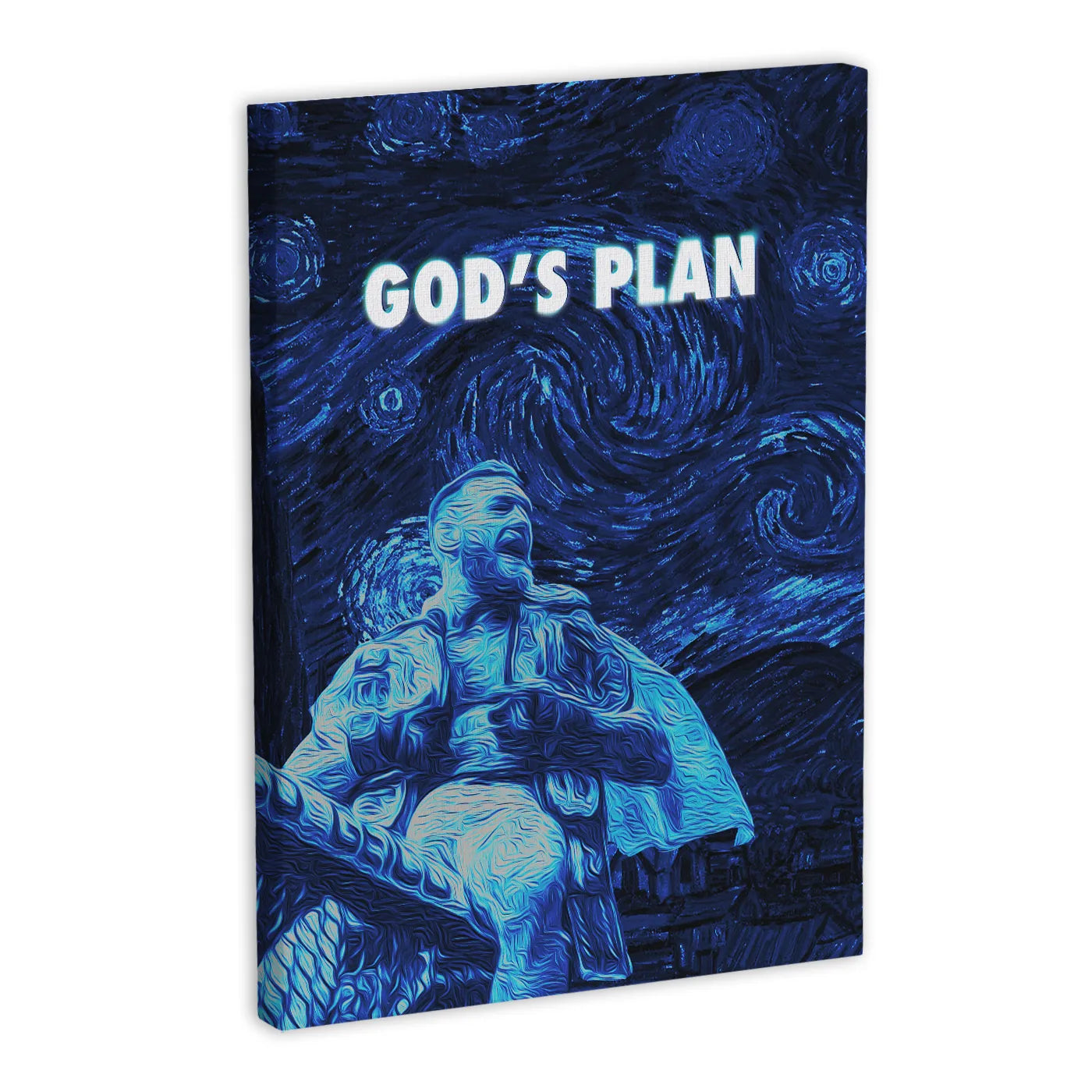 Obraz na płótnie inspirowany "Gwiaździstą nocą" z napisem "GOD'S PLAN" i postacią w stylu Van Gogha.