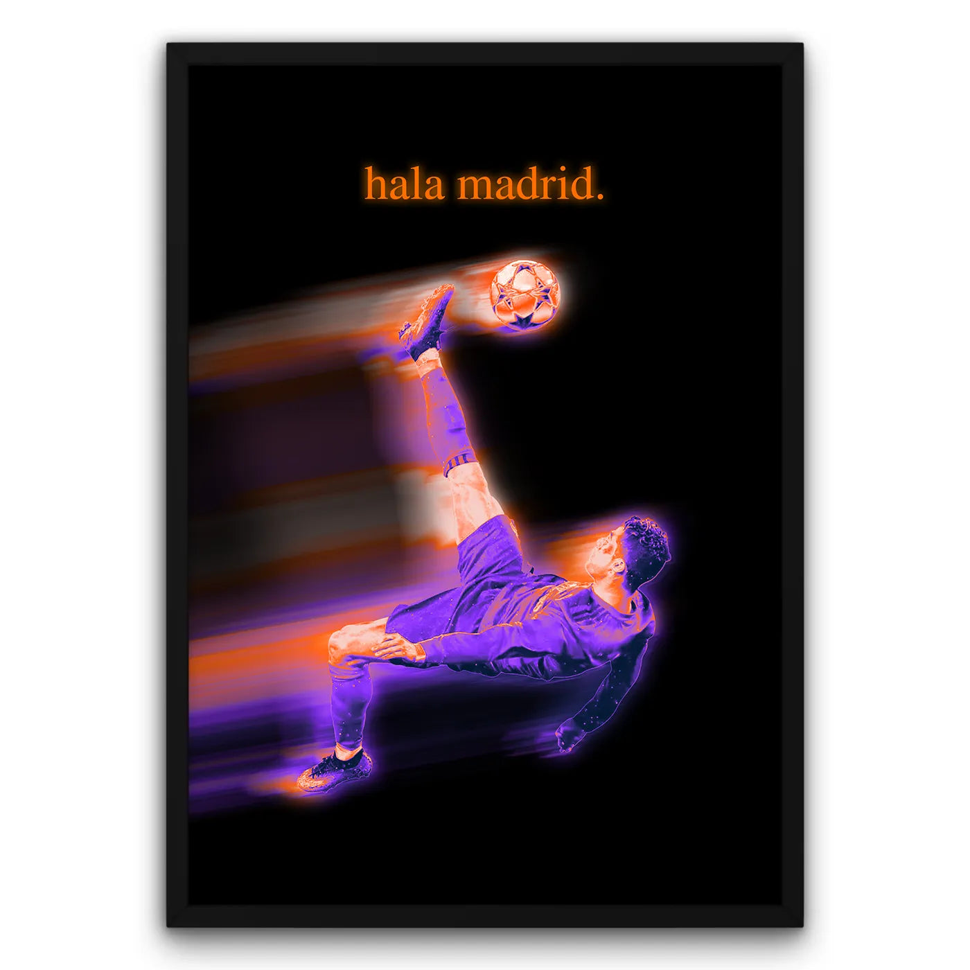 Plakat piłkarski "Hala Madrid" z dynamicznym ujęciem piłkarza wykonującego przewrotkę, czarne tło, neonowe kolory.