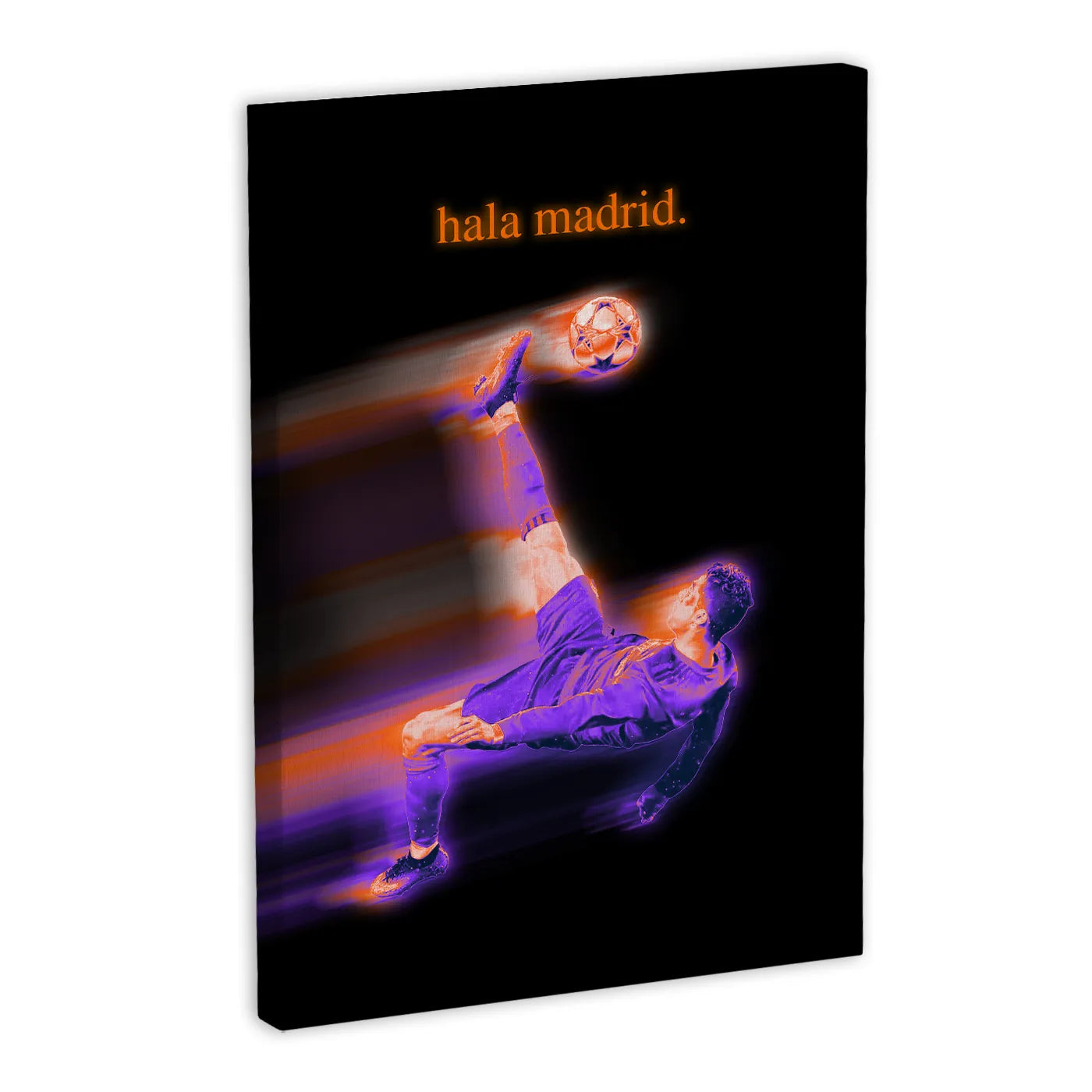 Obraz na płótnie przedstawiający piłkarza wykonującego przewrotkę z piłką, z napisem "hala madrid" na czarnym tle.