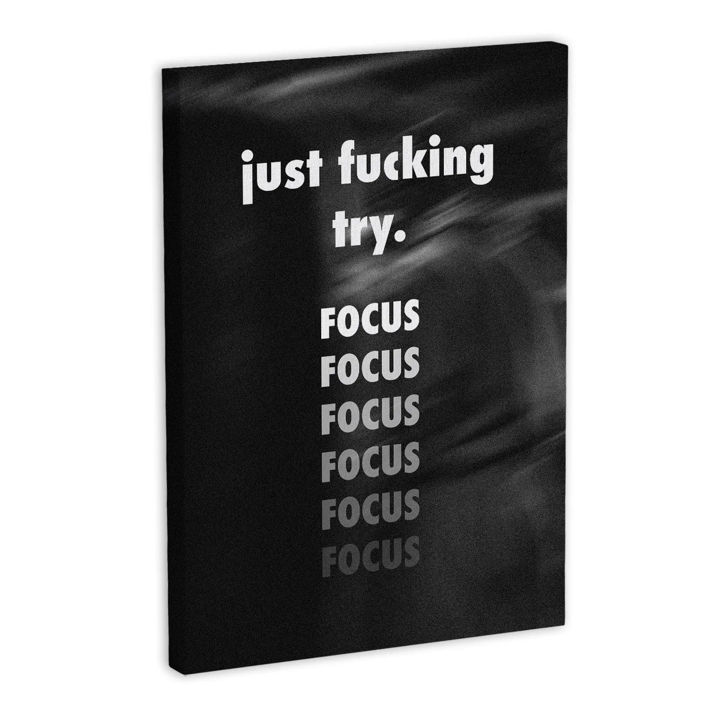 Motywacyjny obraz na płótnie z napisem 'just fucking try. FOCUS' w czerni i bieli