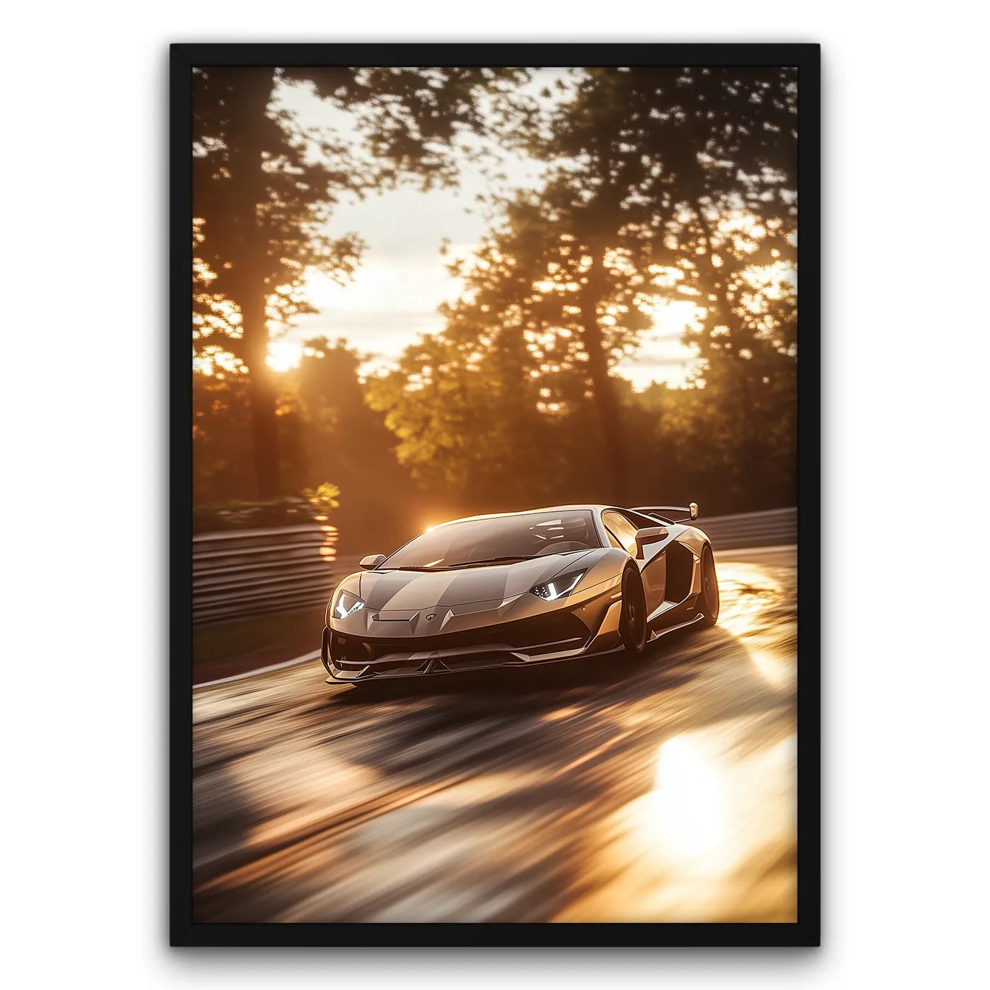 Plakat samochodu Lamborghini Aventador na tle zachodzącego słońca, luksusowy sportowy samochód, dekoracja ścienna, motoryzacja, szybka jazda.