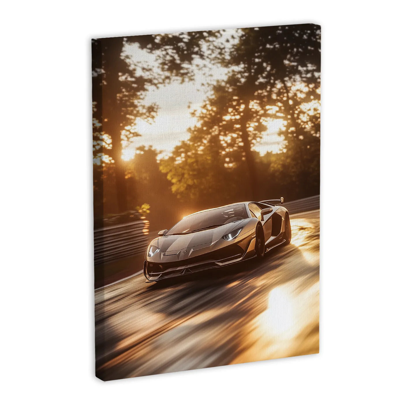 Lamborghini Aventador na torze wyścigowym o zachodzie słońca - obraz na płótnie.