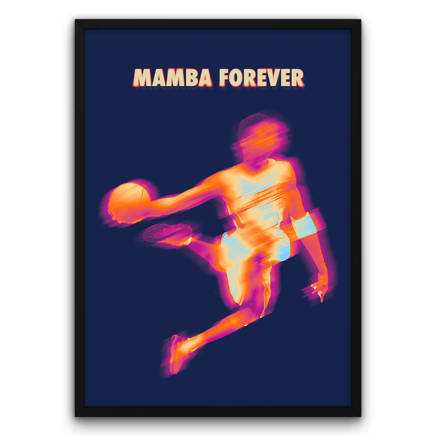 Plakat "Mamba Forever" z dynamiczną sylwetką koszykarza w neonowych kolorach na ciemnym tle.