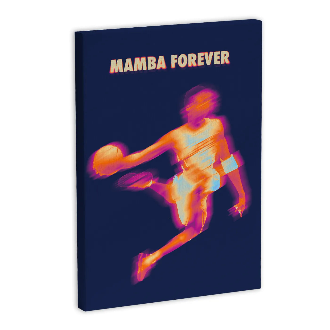 Dynamiczna grafika koszykarza w ruchu z piłką, z napisem 'Mamba Forever' na ciemnym tle. Sztuka nowoczesna, sportowa.