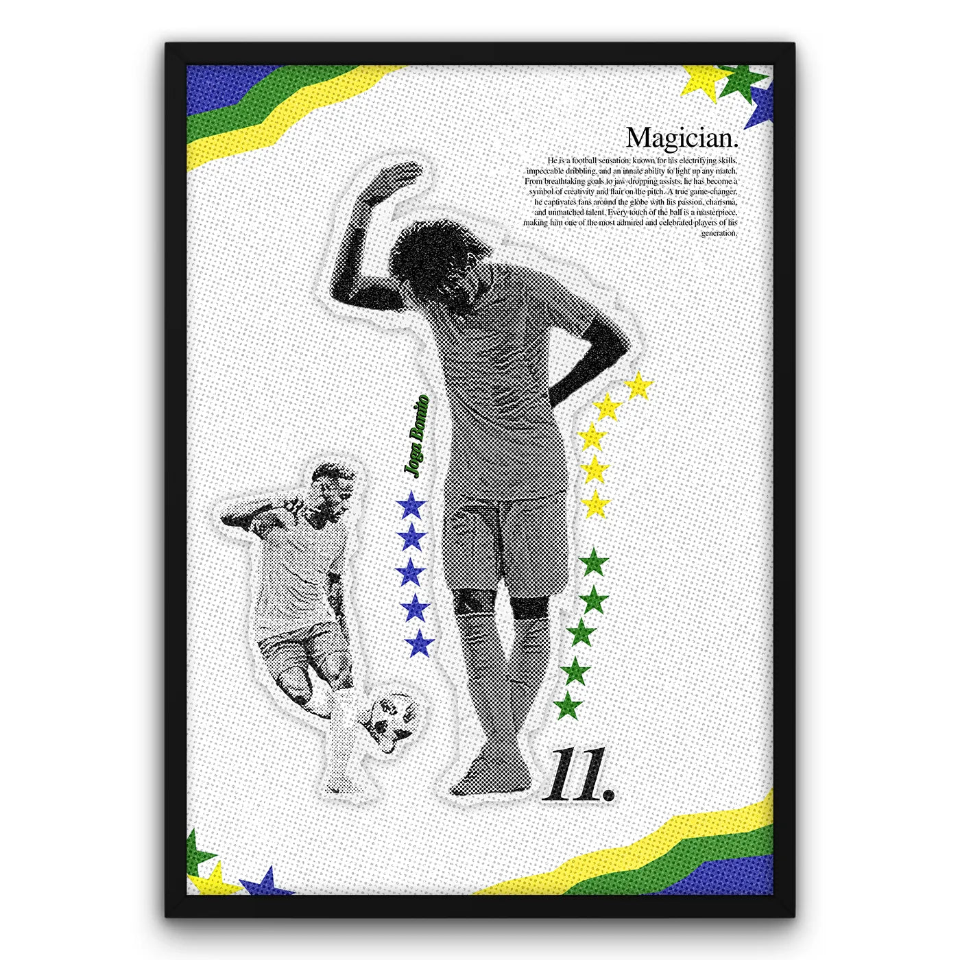 Plakat piłkarski z sylwetką piłkarza w akcji, numer 11, kolorowe gwiazdy, napis "Magician".