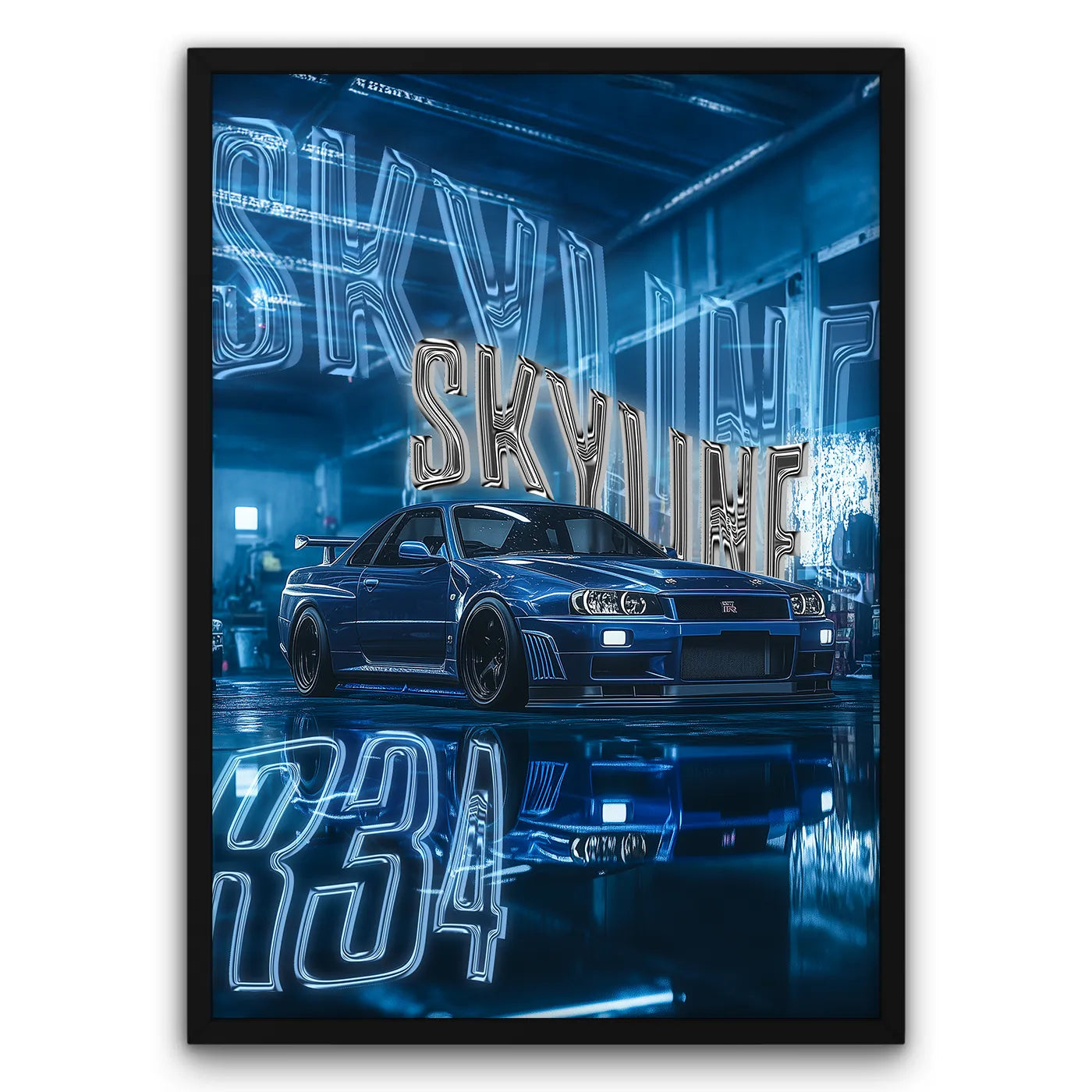 Plakat samochodu Nissan Skyline R34 w stylu neonowym, niebieskie tło, motyw motoryzacyjny.