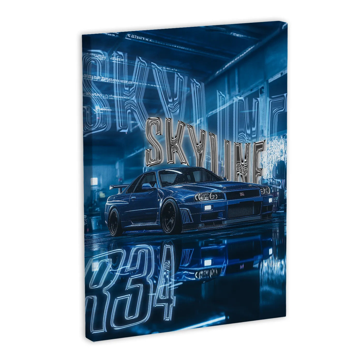 Obraz na płótnie przedstawiający niebieski samochód sportowy Nissan Skyline R34 w garażu, z neonowym napisem "SKYLINE" w tle.