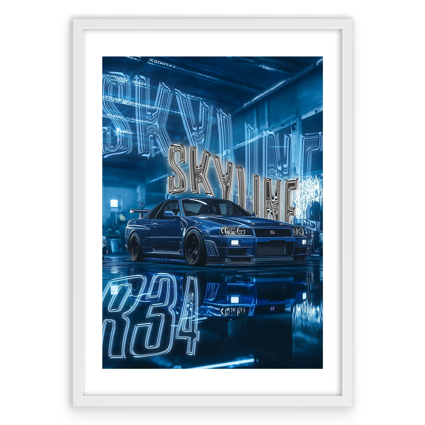 Nissan Skyline R34 Plakat-Biała Krawędź-Biała Aluminiowa Rama