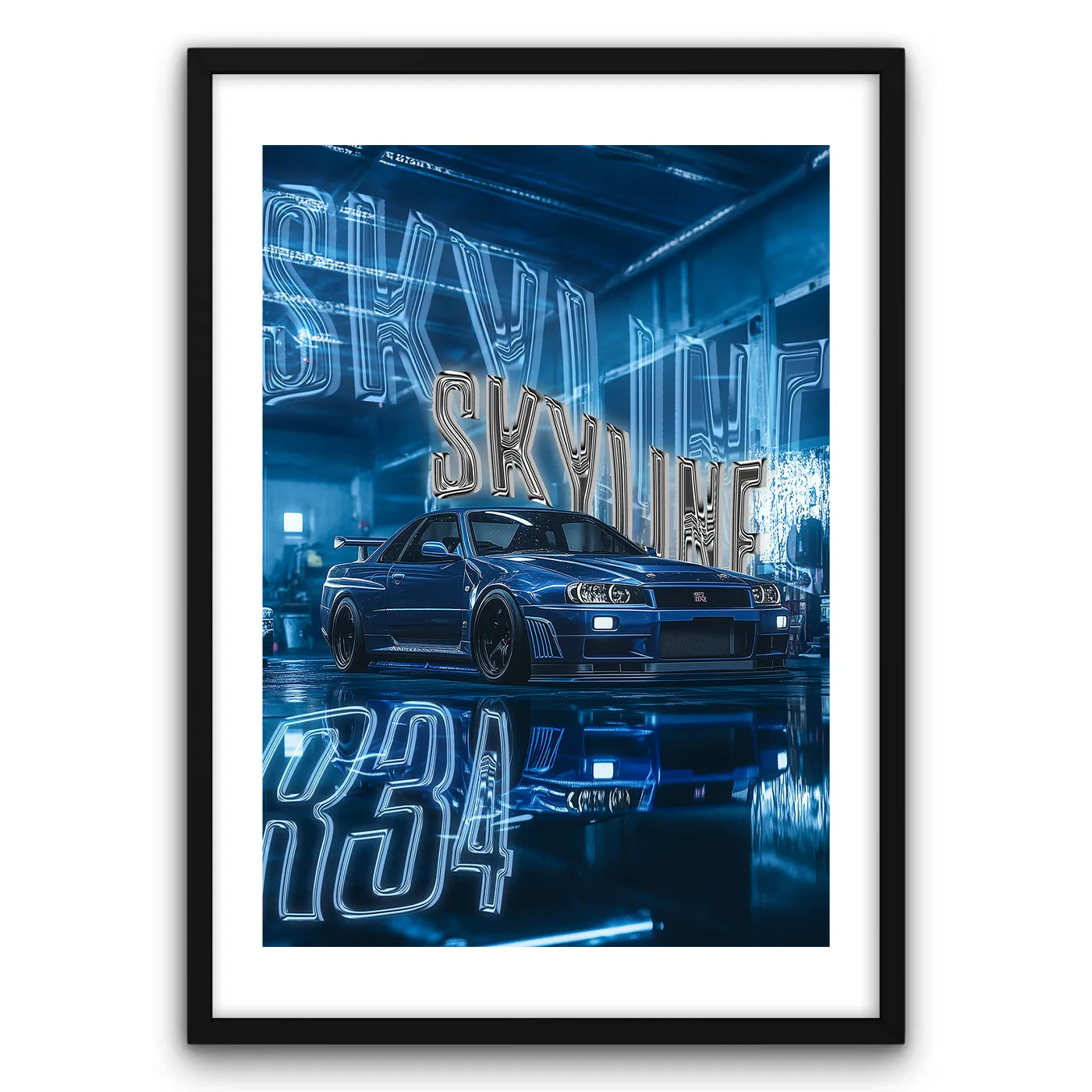 Nissan Skyline R34 Plakat-Biała Krawędź-Czarna Drewniana Rama