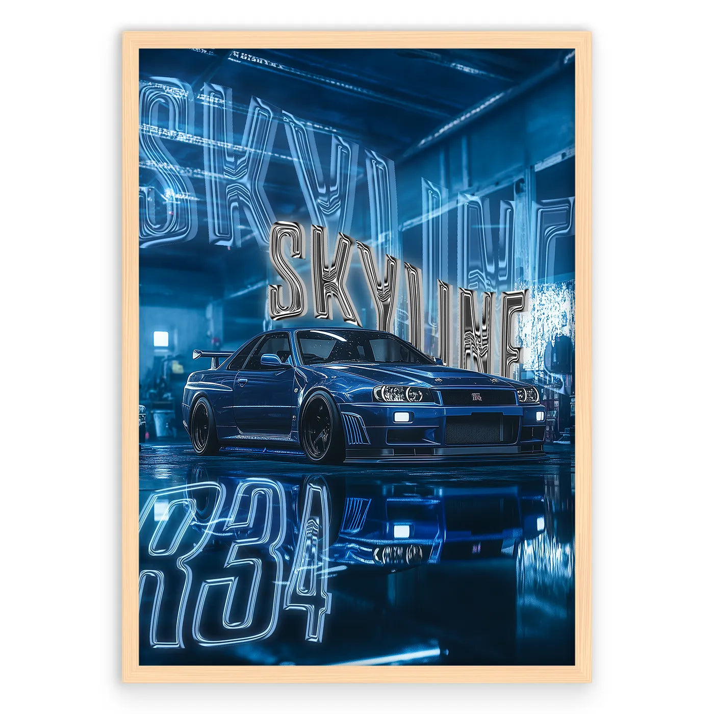 Nissan Skyline R34 Plakat-Pełna Okładka-Naturalna Drewniana Rama