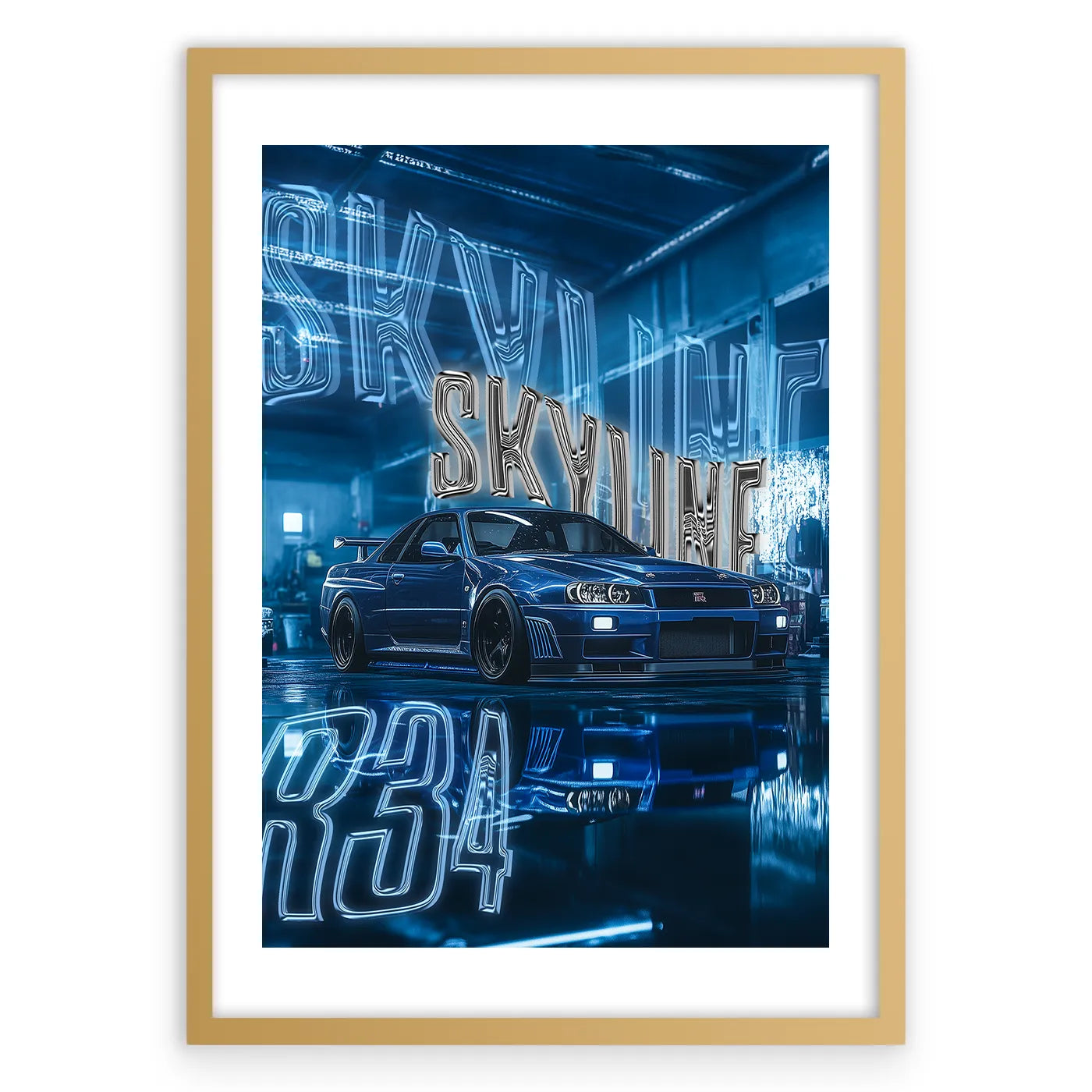 Nissan Skyline R34 Plakat-Biała Krawędź-Złota Aluminiowa Rama
