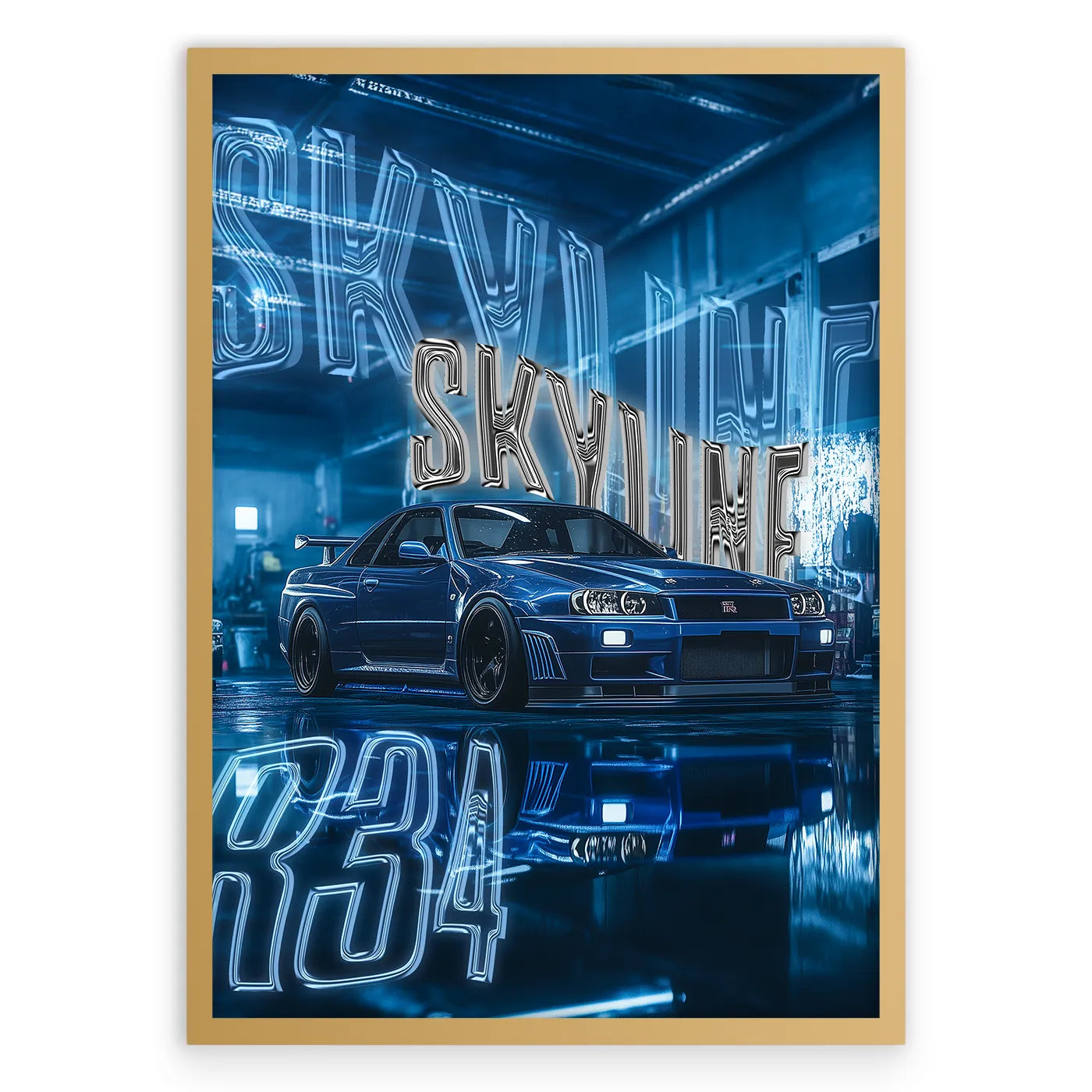 Nissan Skyline R34 Plakat-Pełna Okładka-Złota Aluminiowa Rama