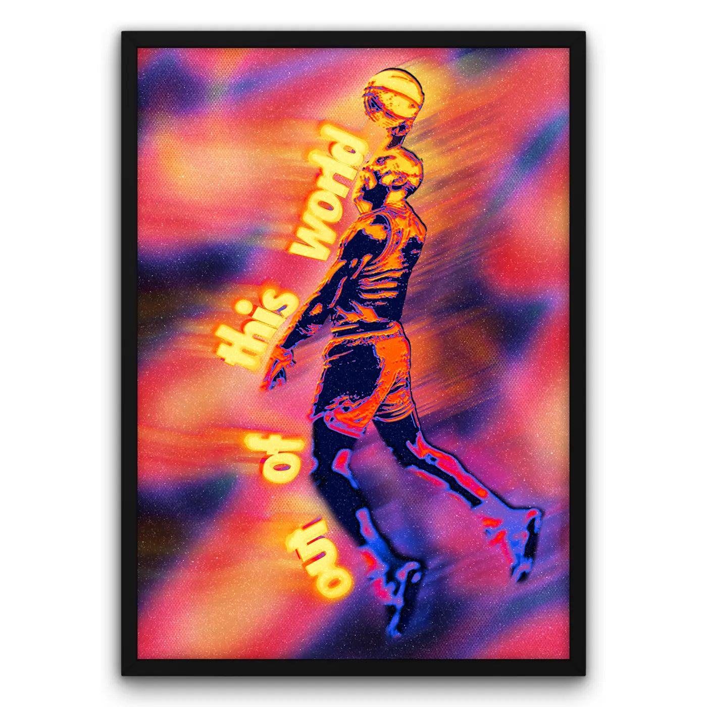 Plakat z koszykarzem w locie, napis "out of this world", kolorowe tło, dynamiczny efekt.