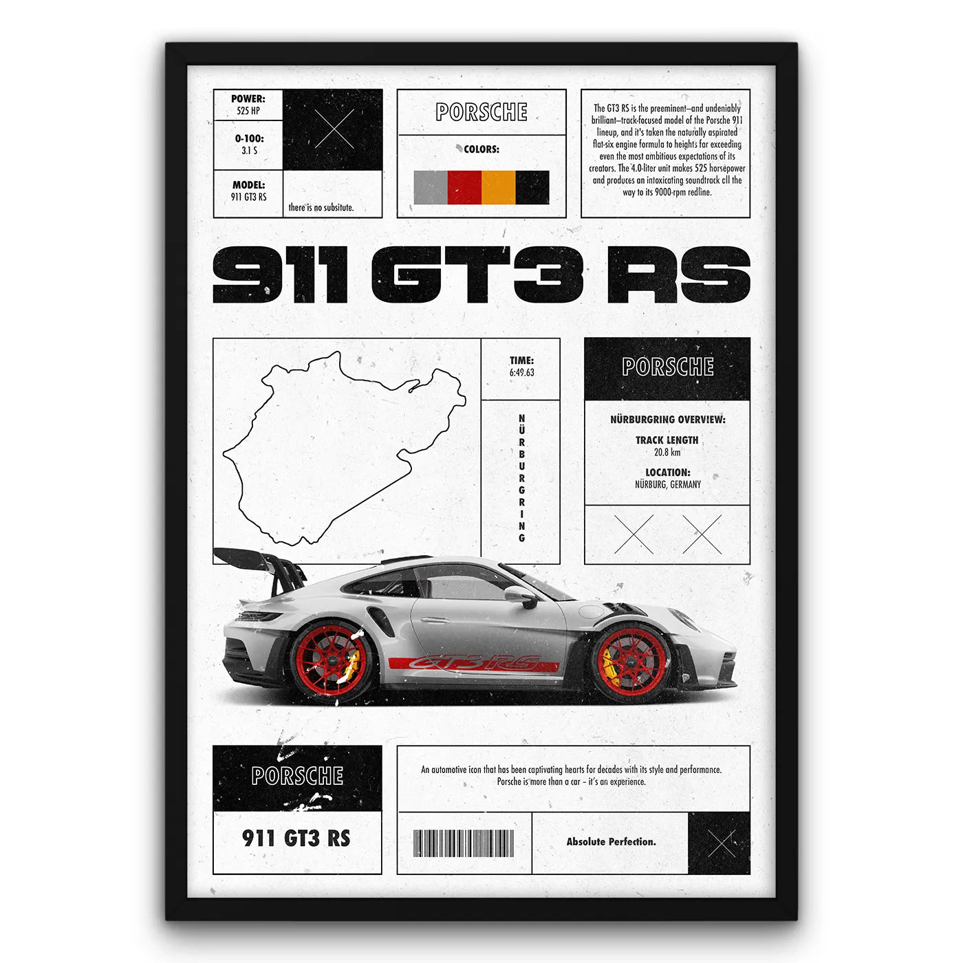 Alt text: Plakat samochodu Porsche 911 GT3 RS z danymi technicznymi, mapą toru Nürburgring i zdjęciem auta z boku.